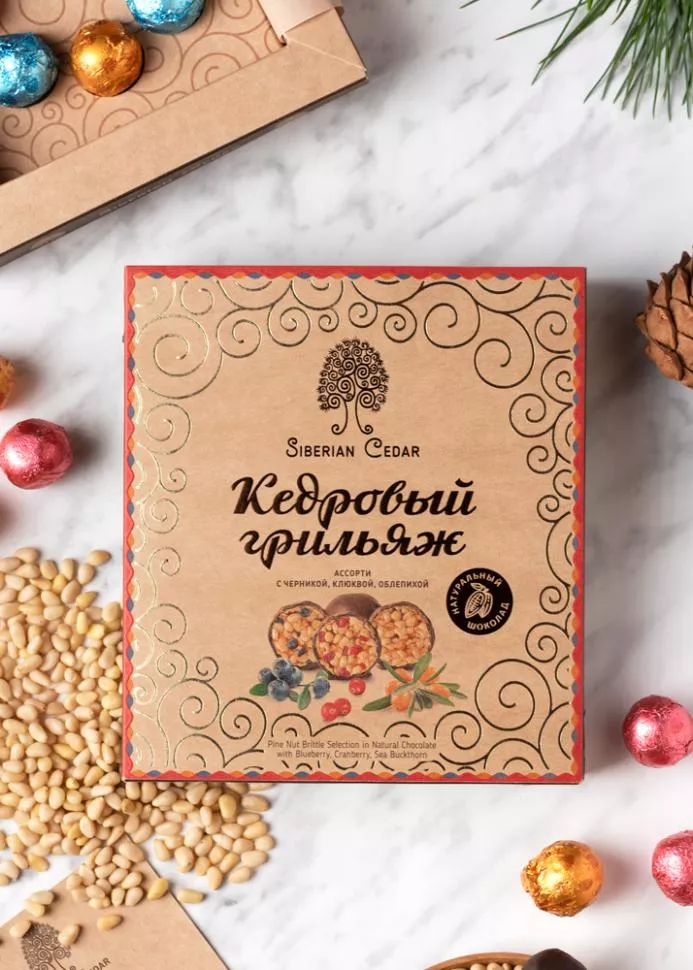 Кедровый грильяж ассорти, 120 г — черника, клюква, облепиха 
